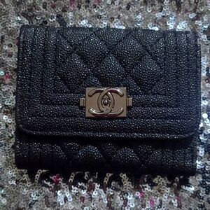 New, Boy Ch a n e l Wallet Black Silver Metal fittings